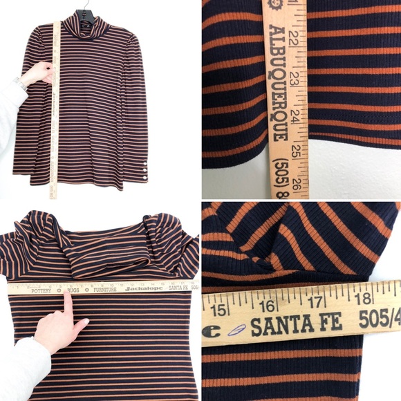 Talbots 2020 Orange & Navy Ribbed Stripe Button Cuff Turtle Neck Size Medium P - Picture 9 of 10